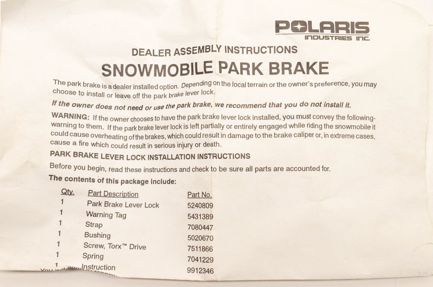 New OEM Polaris 5240809 Snowmobile Park Brake Kit NOS