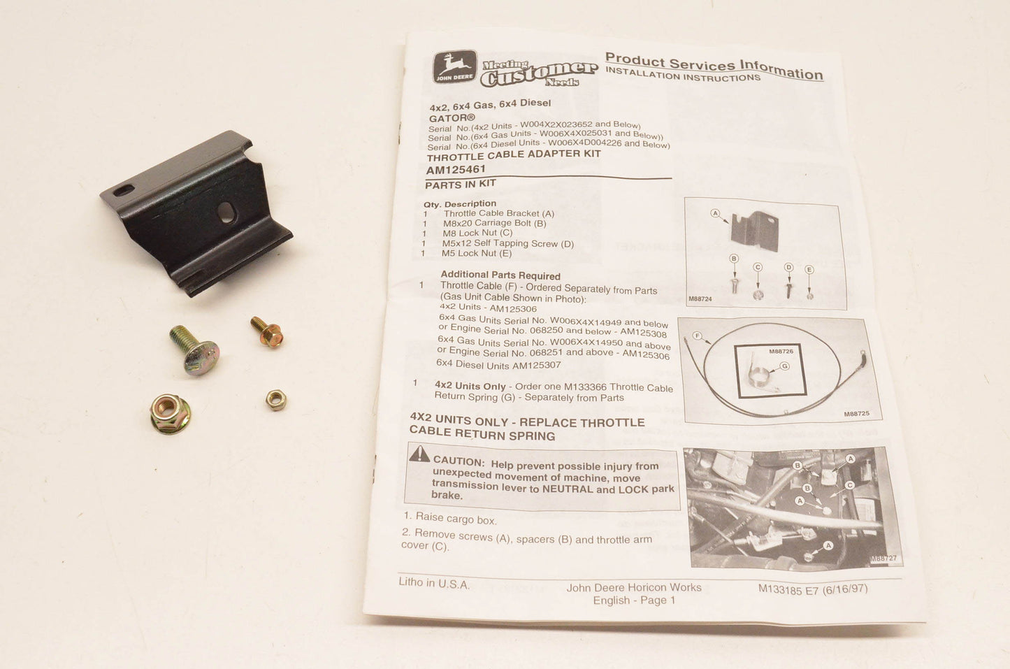 New OEM John Deere AM125461 Throttle Cable Adapter Kit NOS