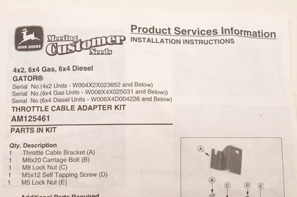 New OEM John Deere AM125461 Throttle Cable Adapter Kit NOS
