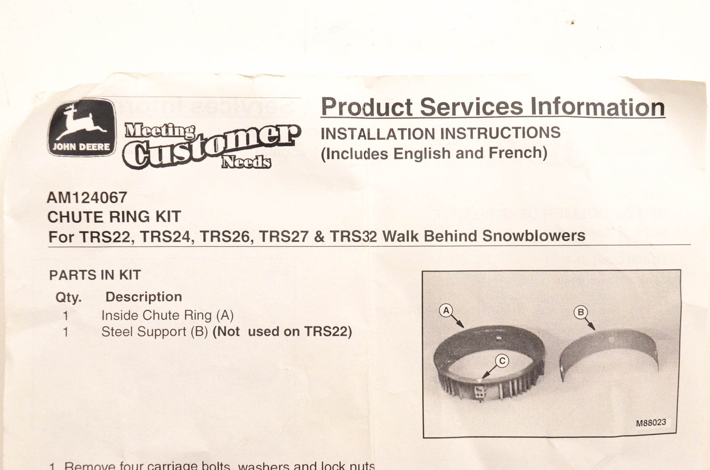 New OEM John Deere AM124067 Chute Ring Kit NOS