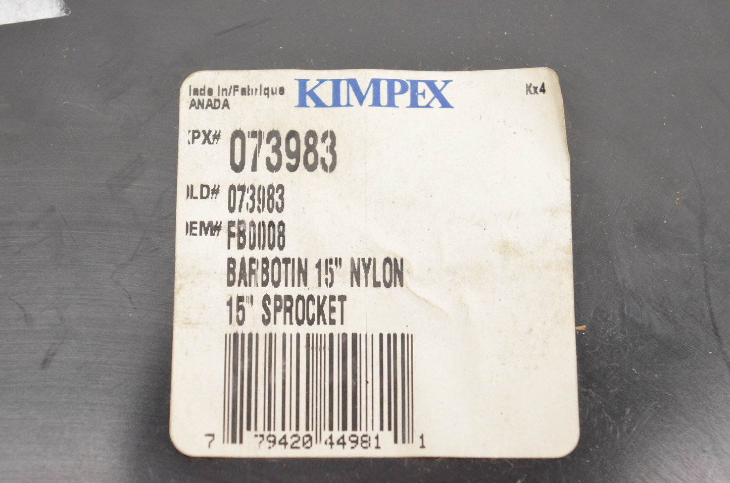 Kimpex 073983, FB0008 Barbotin 15" Nylon Sprocket NOS
