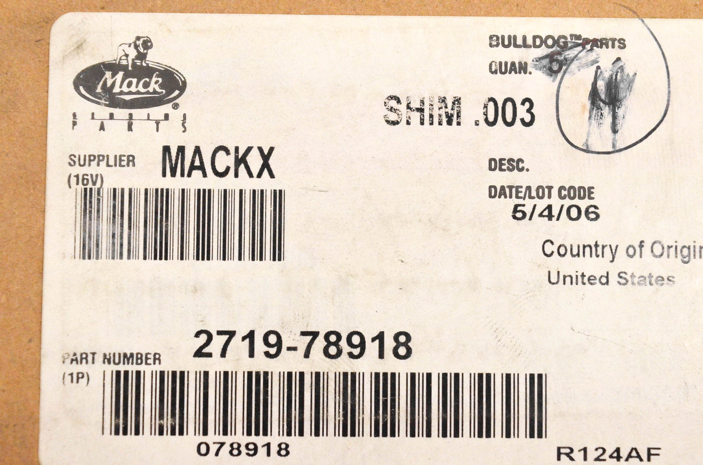 Mack 2719-78918 Shim .003 NOS