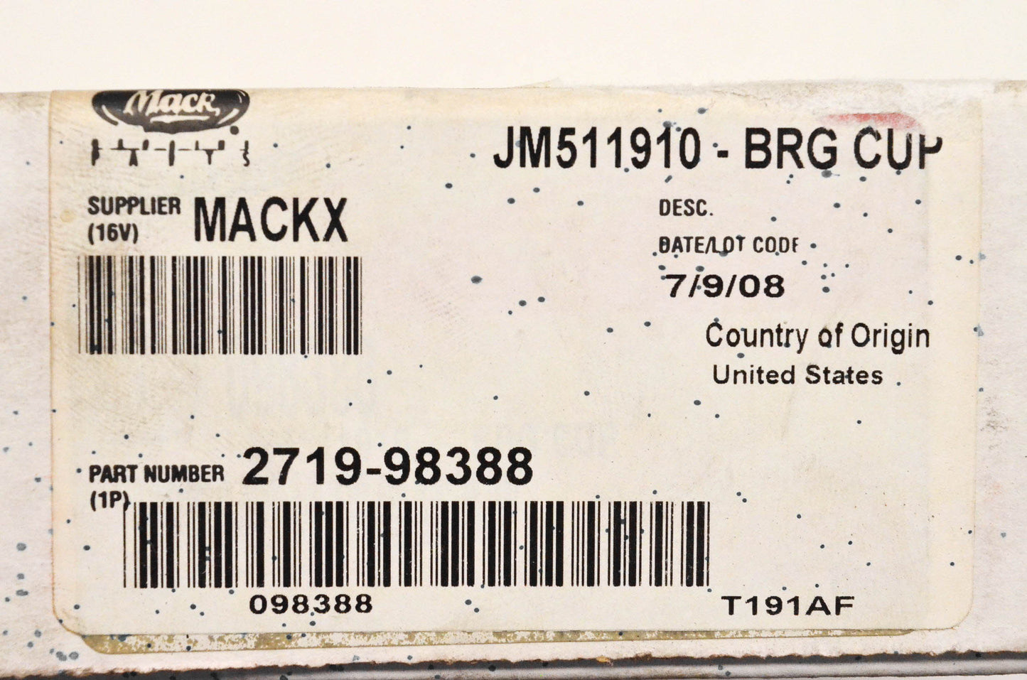 Mack JM511910, 2719-98388 Bearing Cup NOS