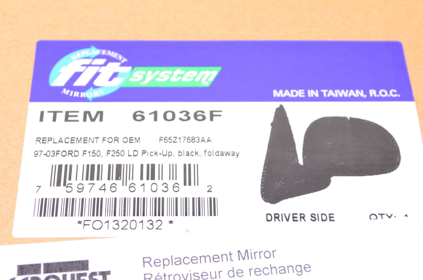 Fit System 61036F, F65Z17683AA, 10162 97-03 Ford F150 F250 Pick-Up Driver Side Foldaway Mirror NOS