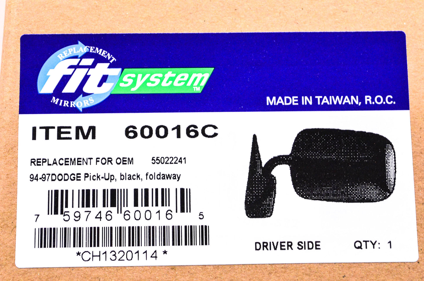 Fit System 6001C, 55022241 1994-1997 Dodge Pick-Up Driver's Side View Mirror NOS