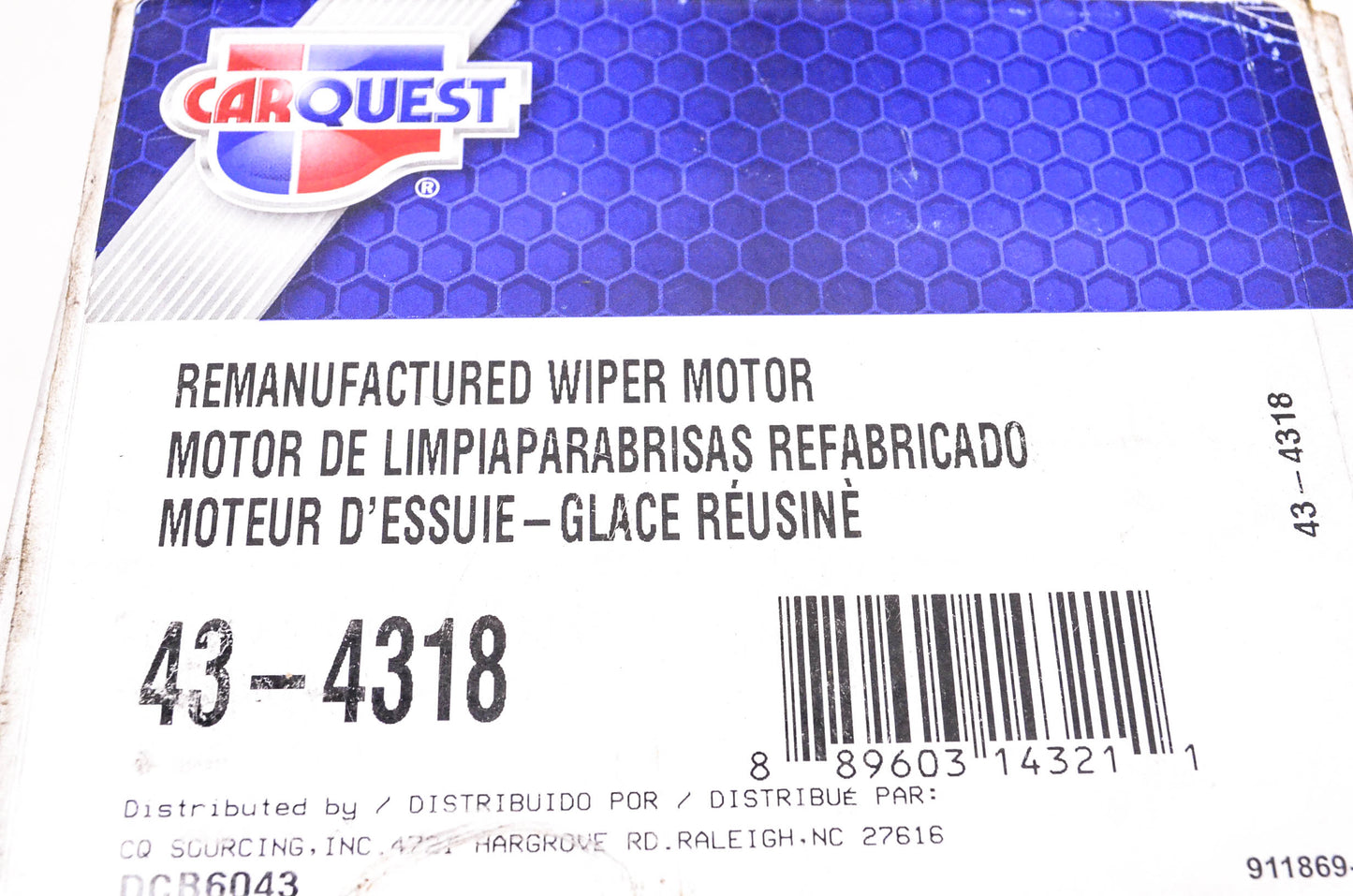 Carquest 43-4318 Remanufactured Wiper Motor NOS