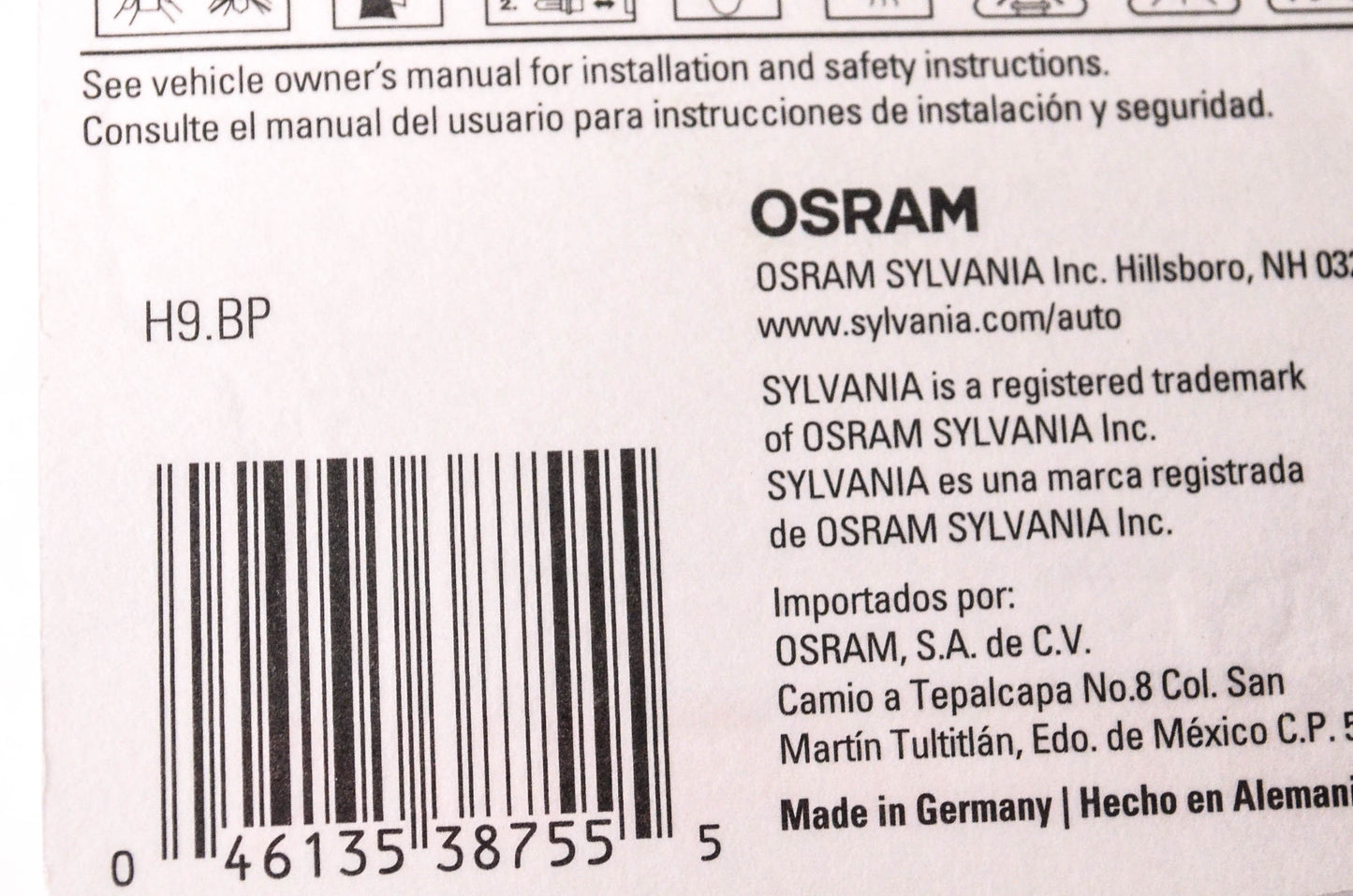 Sylvania H9.BP Sylvania Basic Headlight NOS