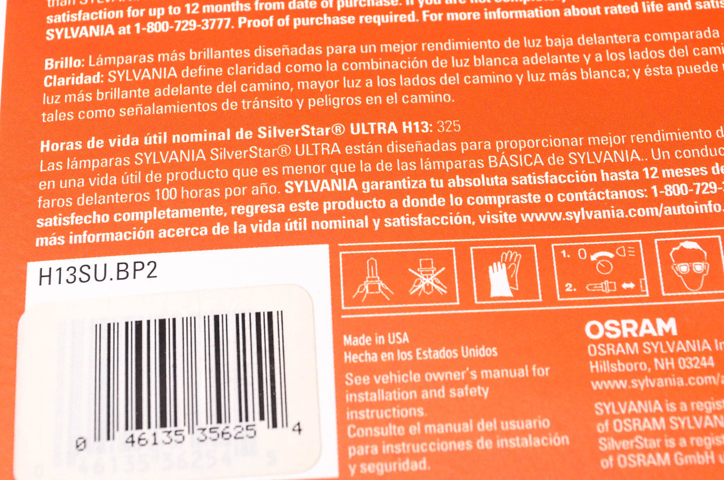 Sylvania H13SU.BP2 Sylvania Silverstar Ultra Headlight Qty 2 NOS