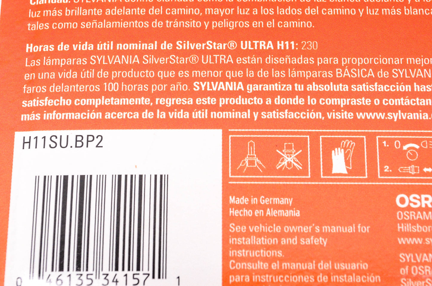 Sylvania H11SU.BP2 Sylvania Silverstar Ultra Headlight Qty 2 NOS