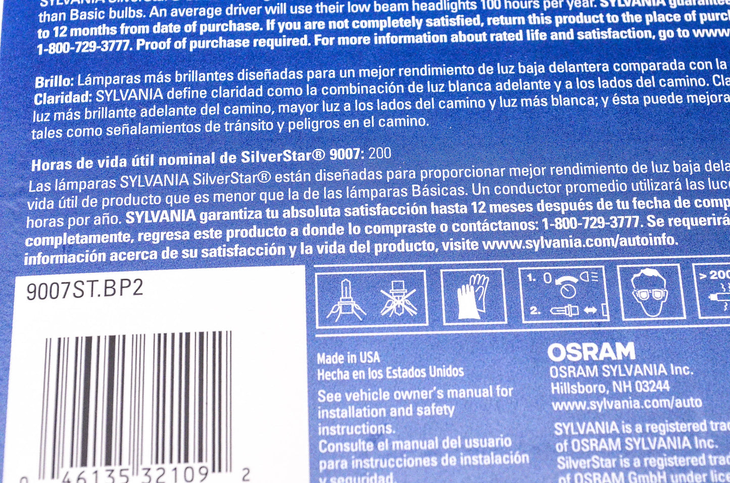Sylvania 9007ST.BP2 Sylvania Silverstar Headlight Qty 2 NOS