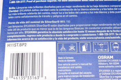 Sylvania H11ST.BP2 Sylvania Silverstar Headlight Qty 2 NOS