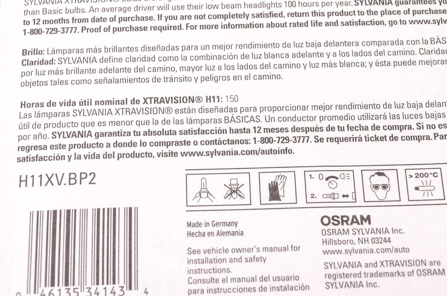 Sylvania H11XV.BP2 Sylvania XtraVision Headlight Qty 2 NOS