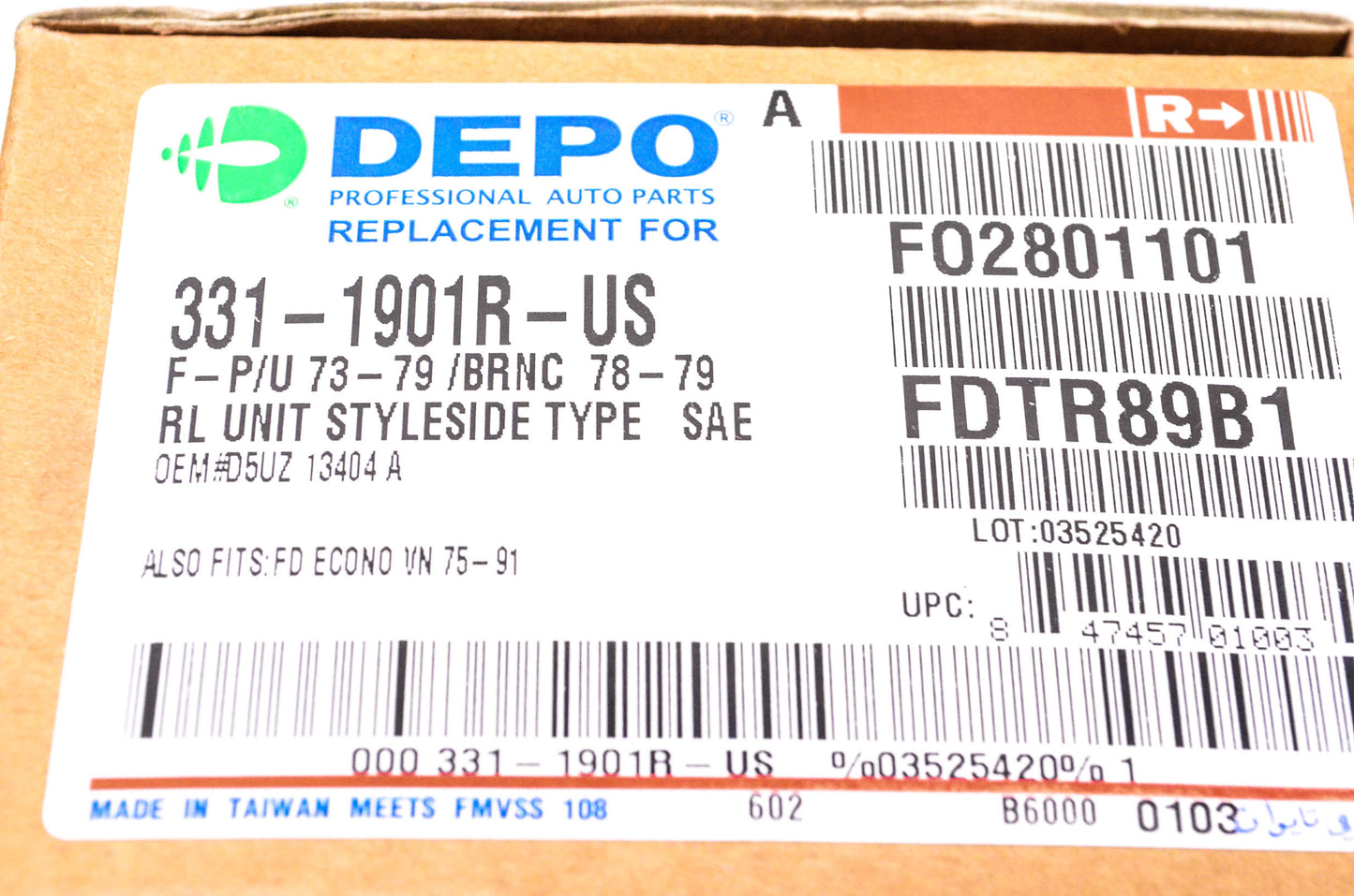 DEPO 331-1901R-US Passenger's Side Taillight Lens Assembly NOS