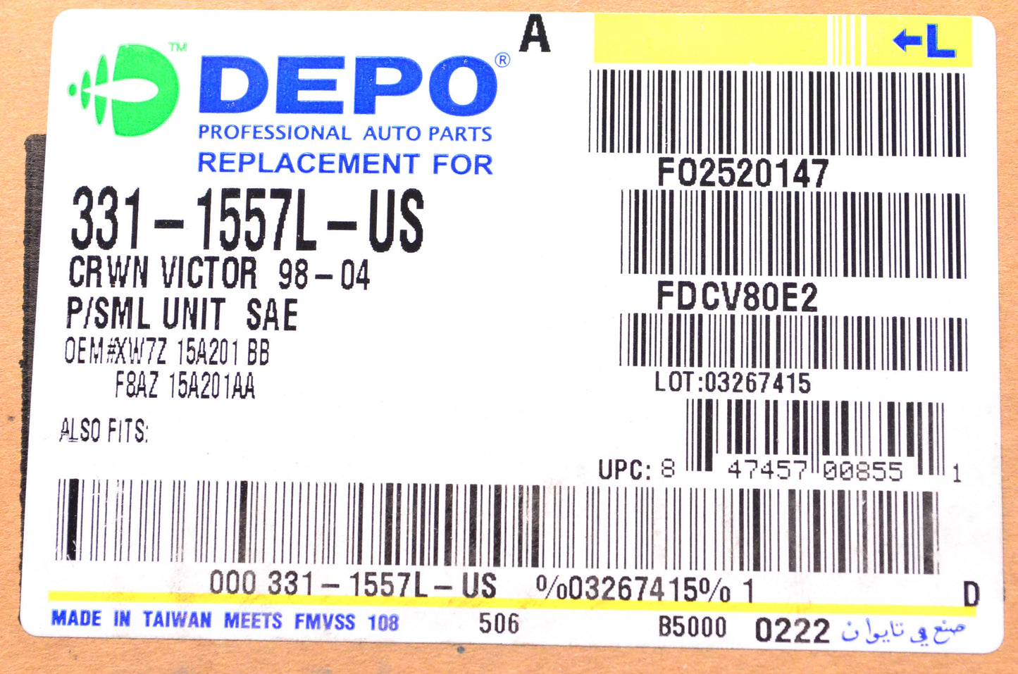 DEPO 331-1557L-US Driver's Side Corner Light Assembly for Crown Victoria NOS