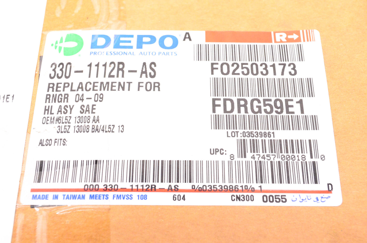 DEPO 330-1112R-AS Passenger Side Headlight Headlamp Assembly Ford Ranger NOS