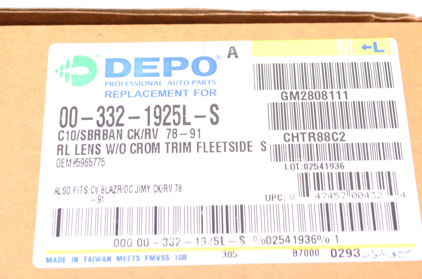 DEPO 00-332-1925L-S Driver's Side Taillight Taillamp Assembly Chevrolet NOS
