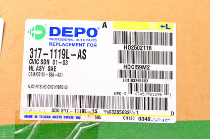 DEPO 317-1119L-AS Driver's Side Headlight Headlamp 01-03 Honda Civic NOS