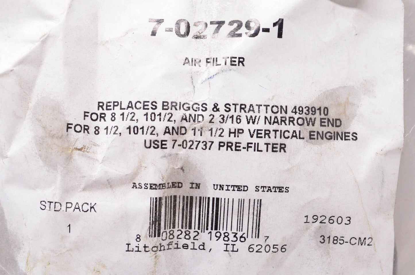 Prime Line 7-02729-1, 493910 Air Filter NOS