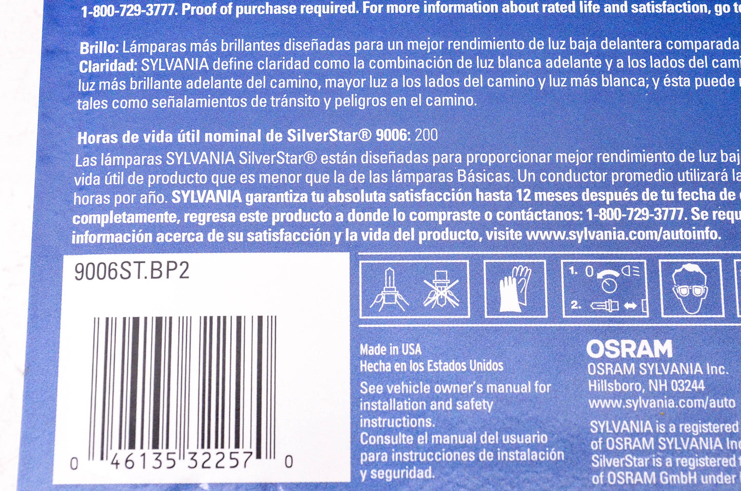 Sylvania 9006ST.BP2 Sylvania Silverstar Headlights Qty 2 NOS