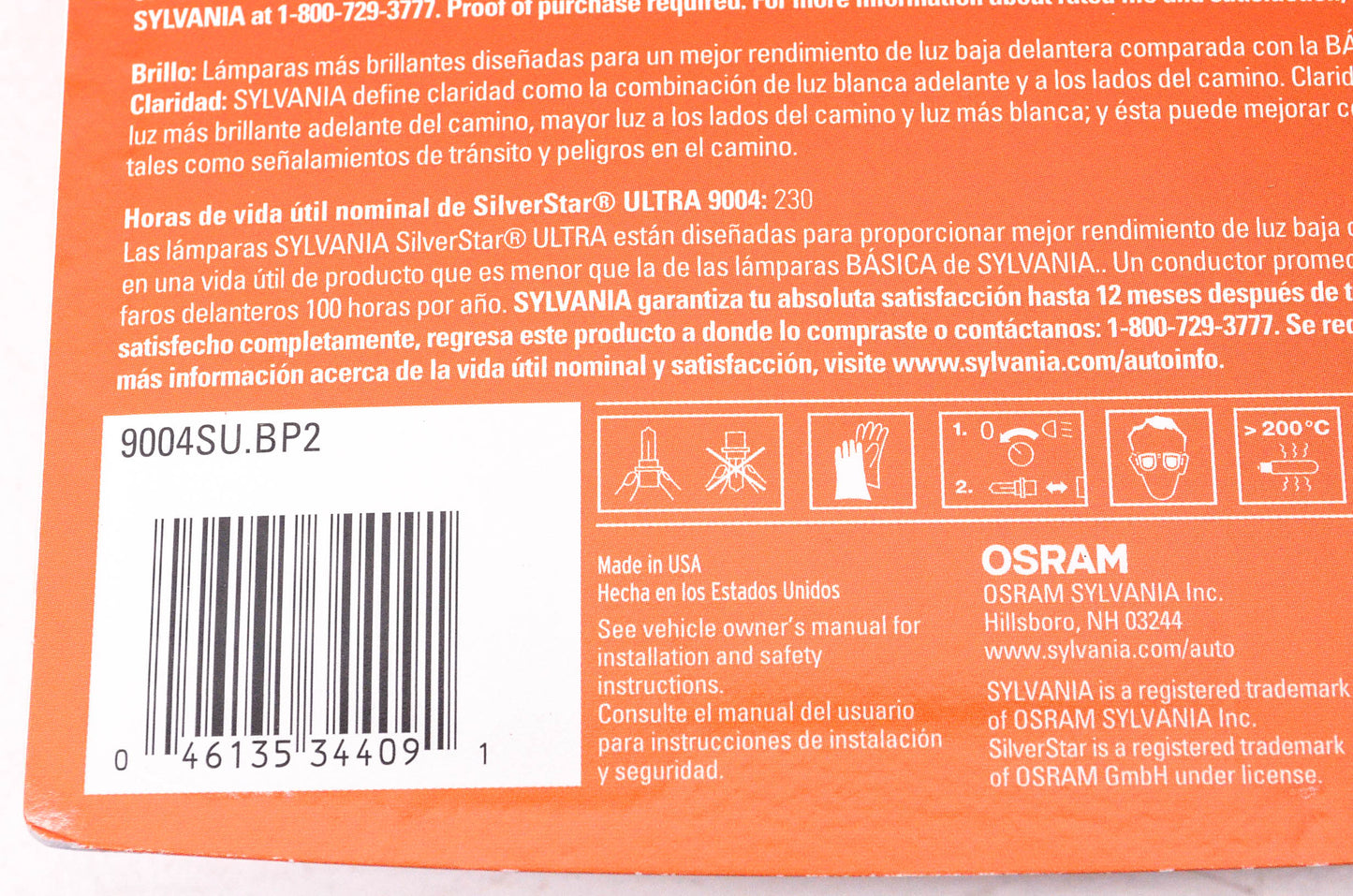 Sylvania 9004SU.BP2 Sylvania Silverstar Ultra Headlights Qty 2 NOS