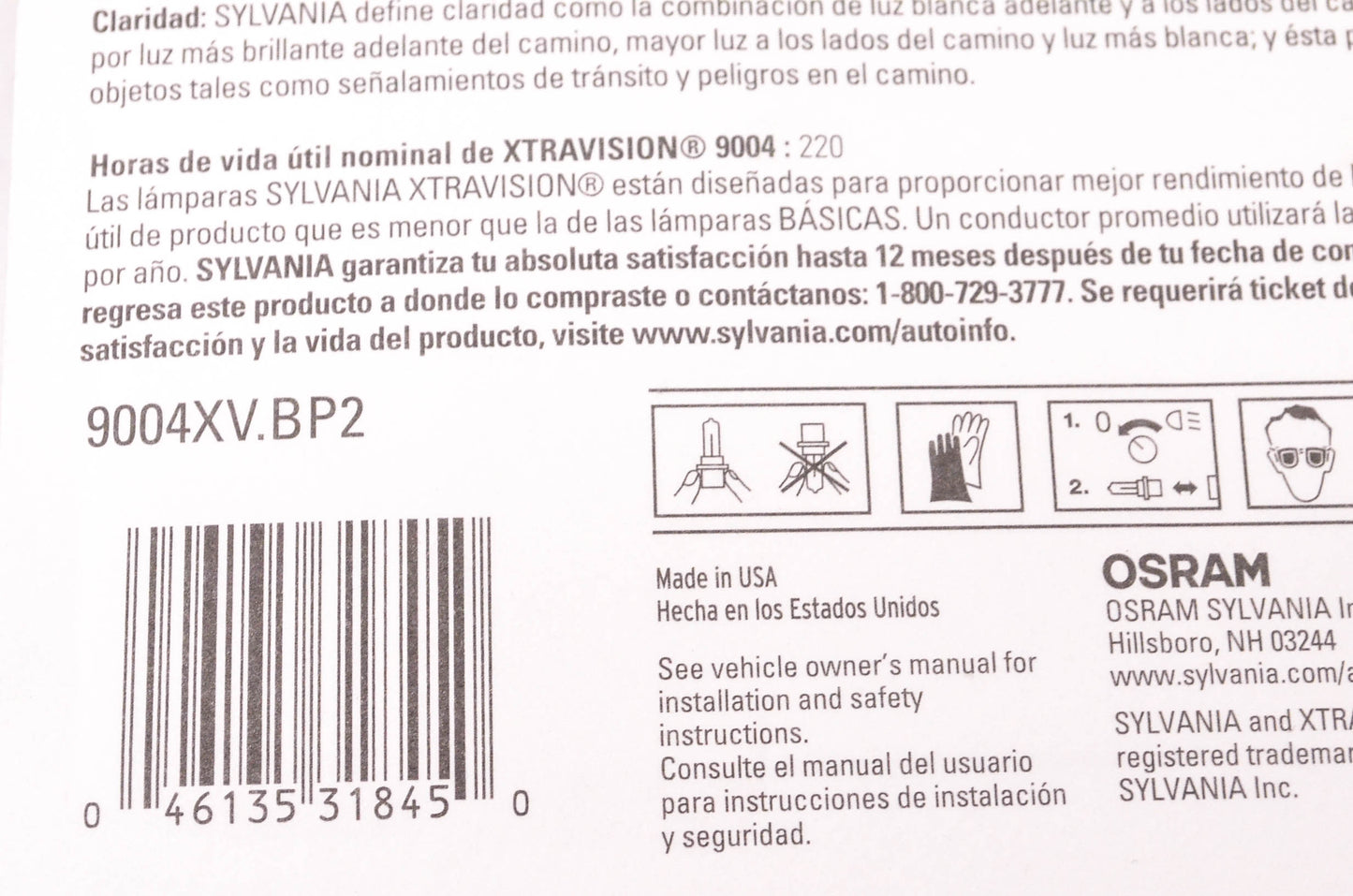Sylvania 9004XV.BP2 Sylvania XtraVision Headlights Qty 2 NOS