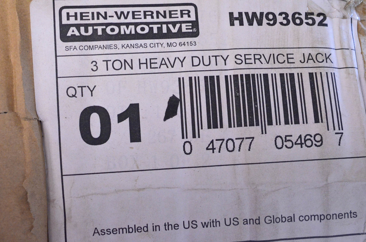 Hein-Werner HW93652 3 Ton Heavy Duty Service Jack NOS