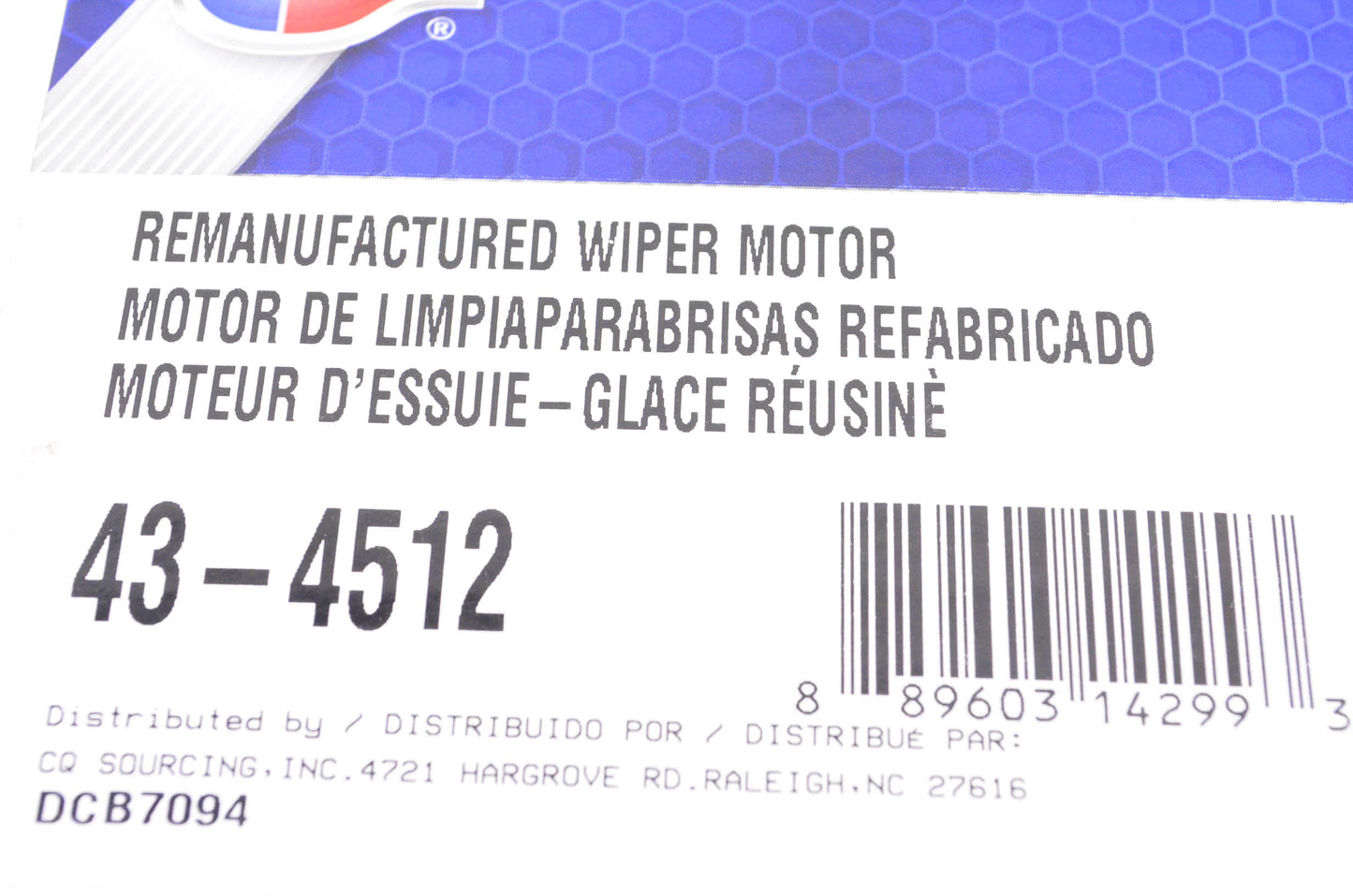 Carquest 43-4512 Remanufactured Wiper Motor NOS