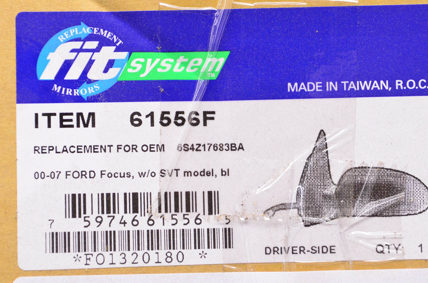 Fit System 61556F, 654Z17683BA 2000-2007 Ford Focus Black Driver's Side View Mirror NOS