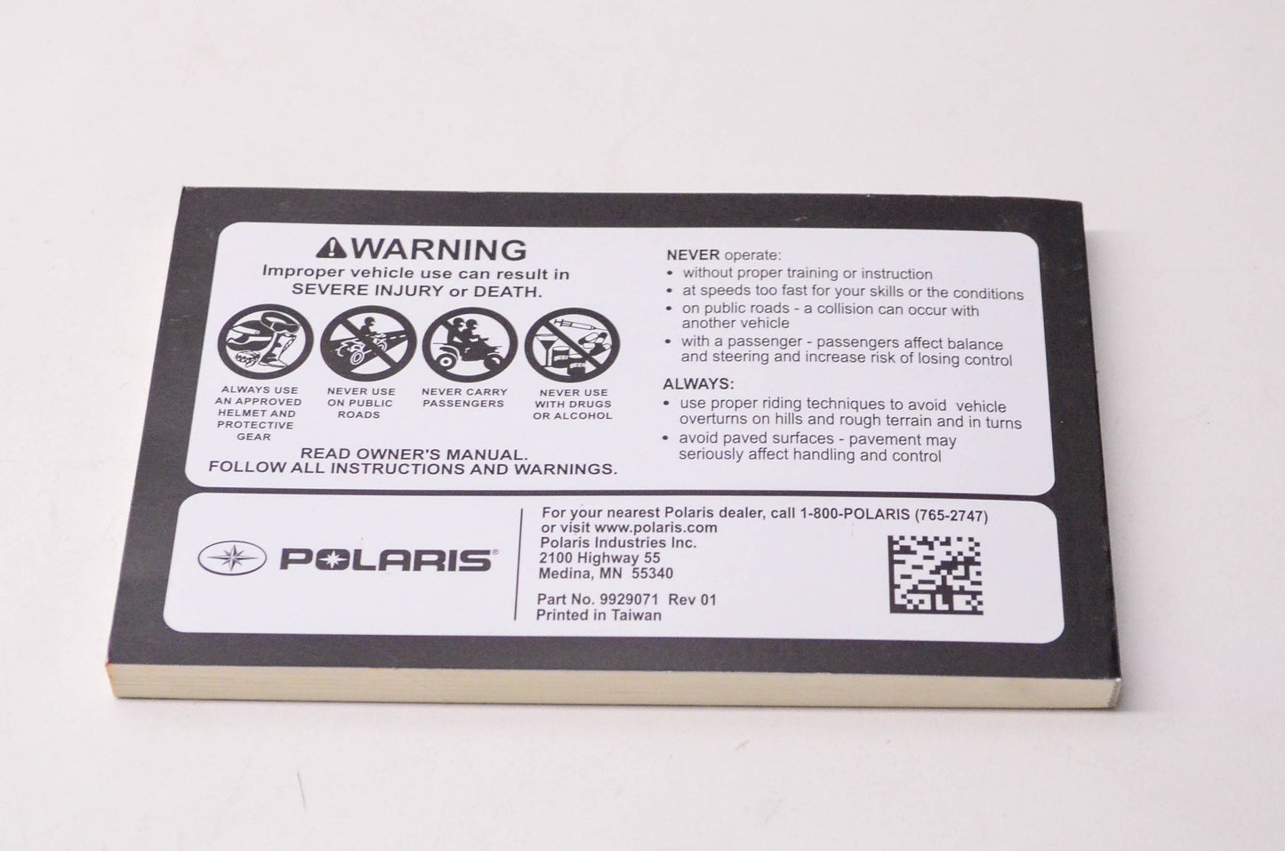 New OEM Polaris 9929071 2019 Outlaw 110, Sportsman 110 Owner's Manual NOS