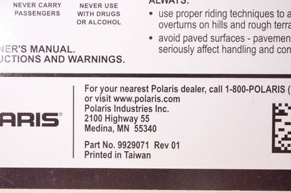 New OEM Polaris 9929071 2019 Outlaw 110, Sportsman 110 Owner's Manual NOS