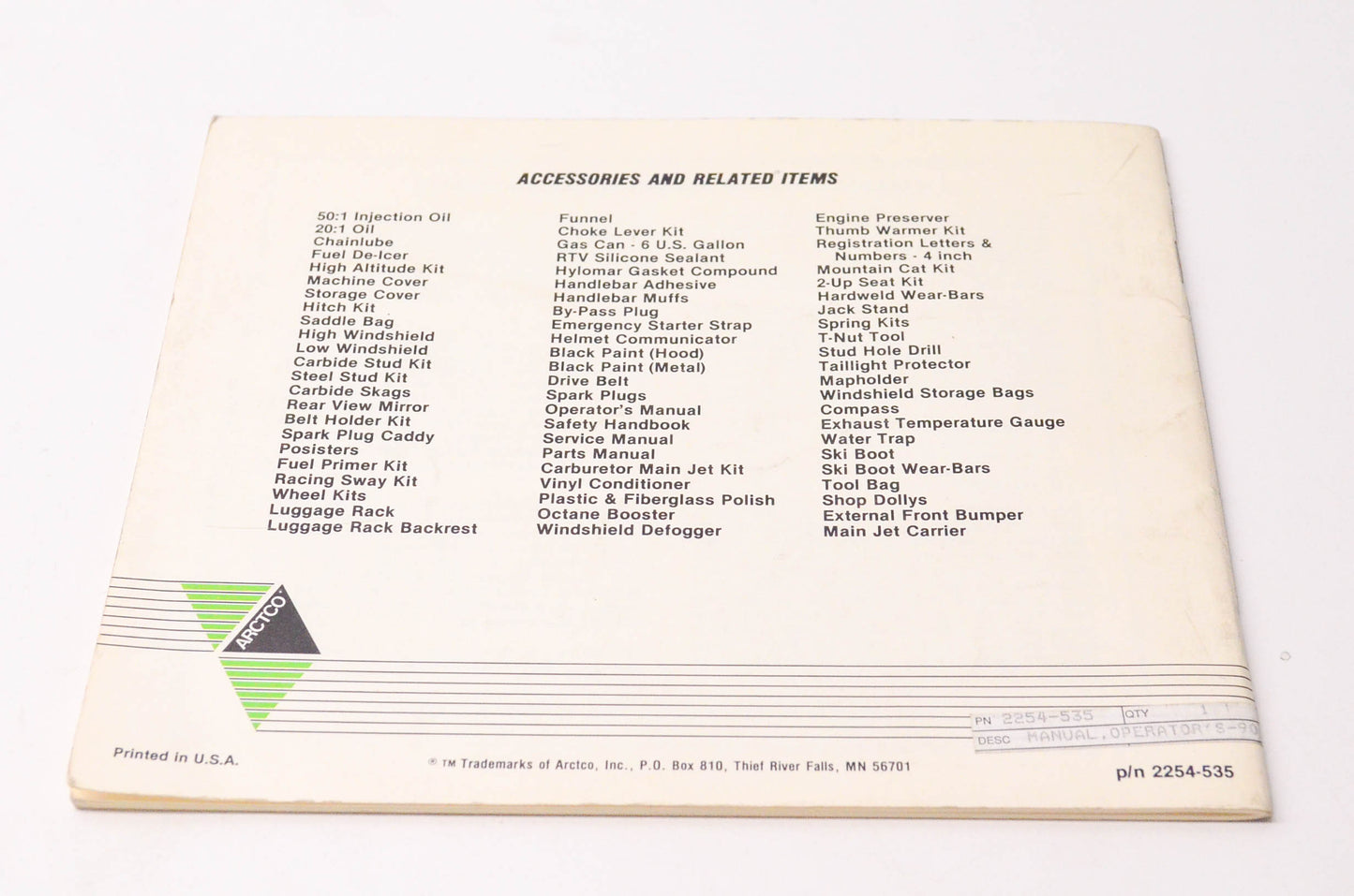 New OEM Arctic Cat 2254-535 1990 Wildcat Operator's Manual NOS