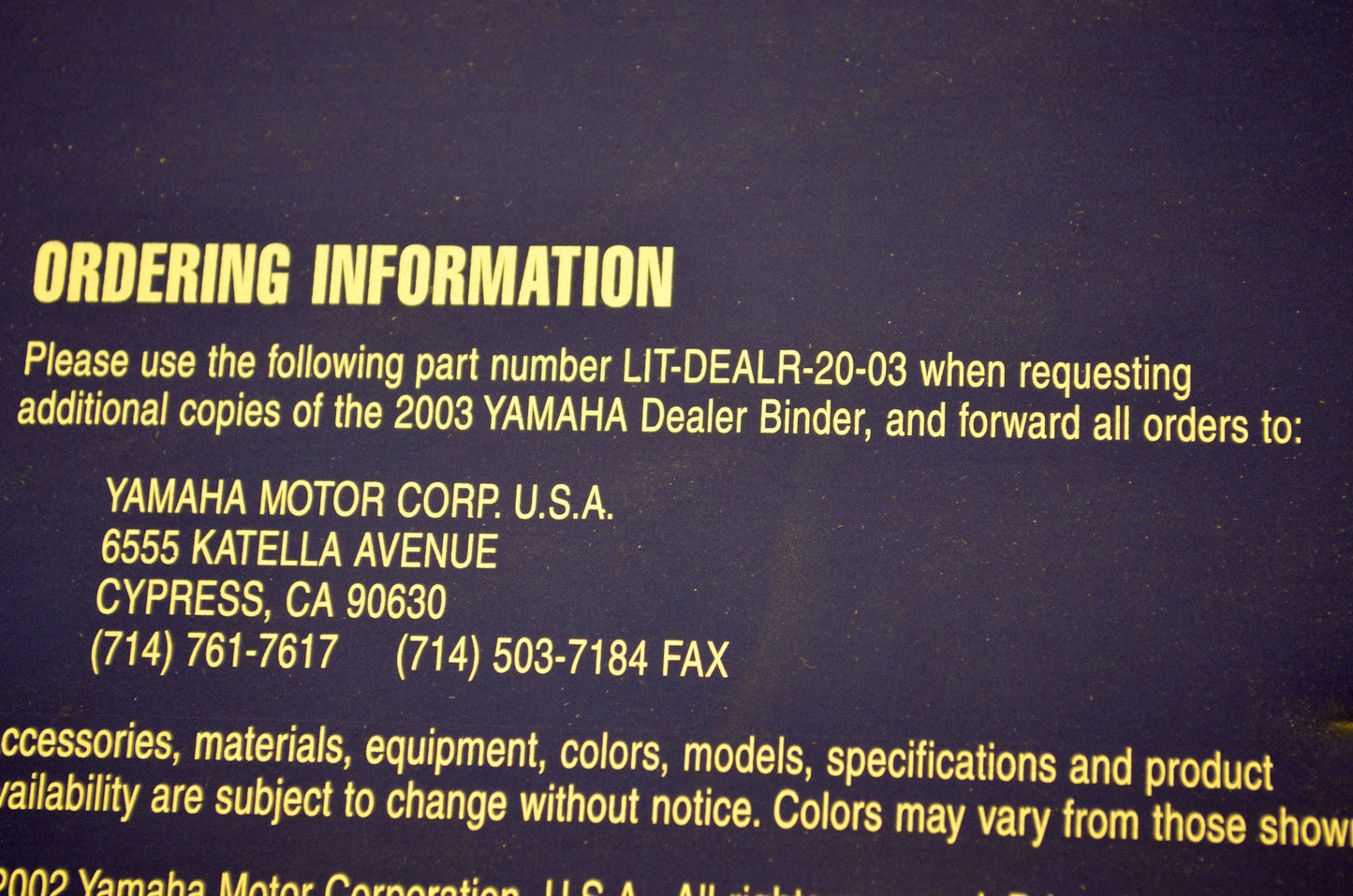 OEM Yamaha LIT-DEALR-20-03 03 Yamaha Motorcycles & ATVs Dealer Binder