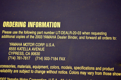 OEM Yamaha LIT-DEALR-20-03 03 Yamaha Motorcycles & ATVs Dealer Binder