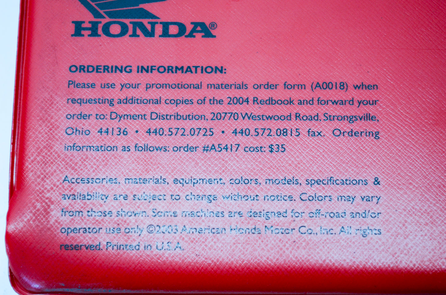 OEM Honda A5417 2004 Honda Redbook