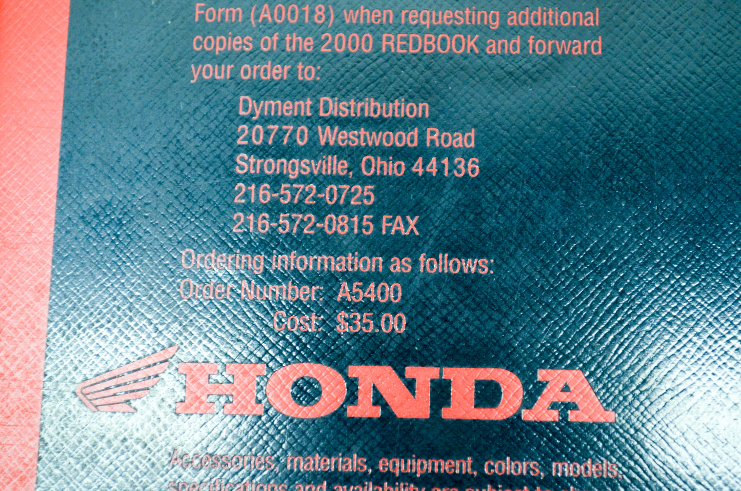 OEM Honda A5400 2000 Honda Redbook