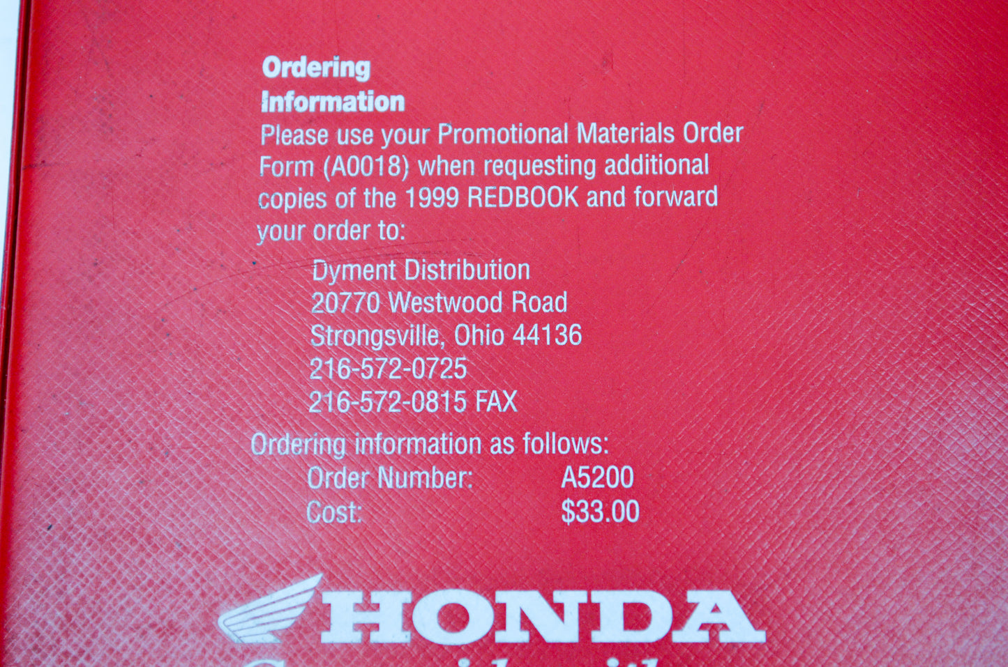 OEM Honda A5200 1999 Honda Redbook