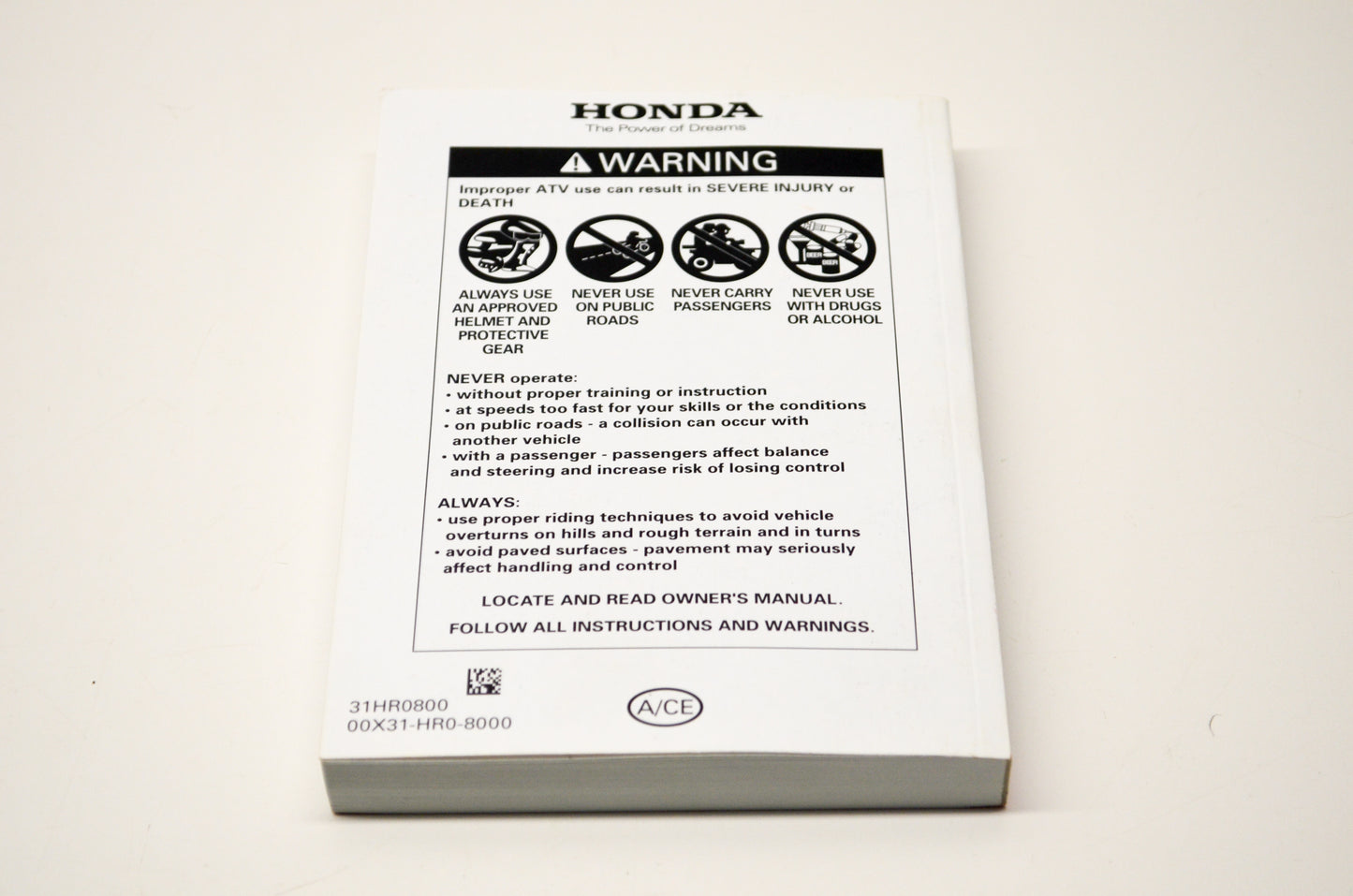 New OEM Honda TRX500 4x4 Fourtrax Foreman Owner's Manual 00X31-HR0-8000 NOS