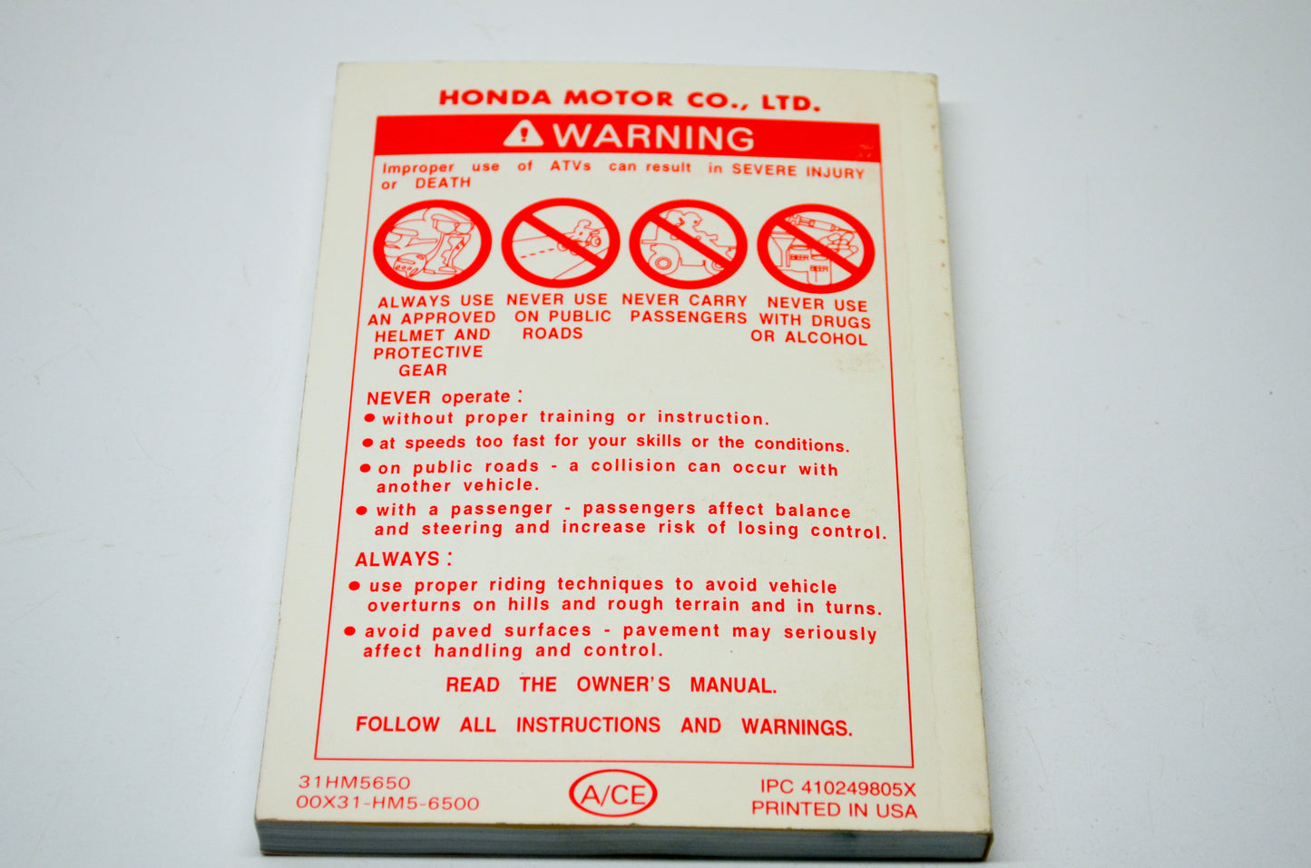 OEM Honda 31HM5650 99 TRX300FW FOURTRAX300 4x4 Owner's Manual