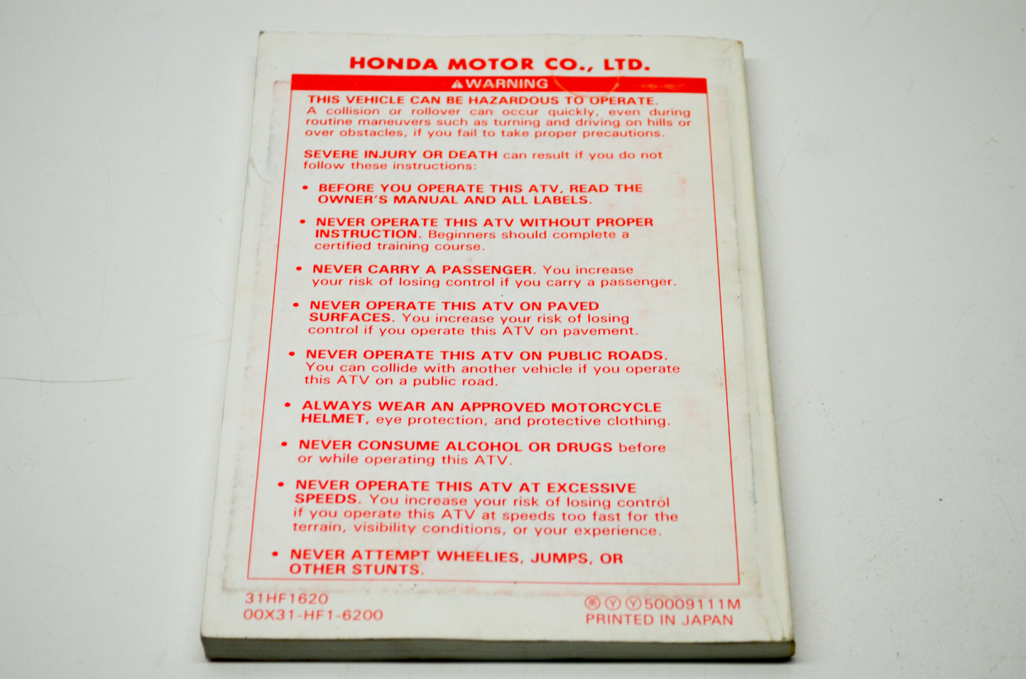 OEM Honda 91 TRX 200D FOURTRAX 200 Type II Owner's Manual