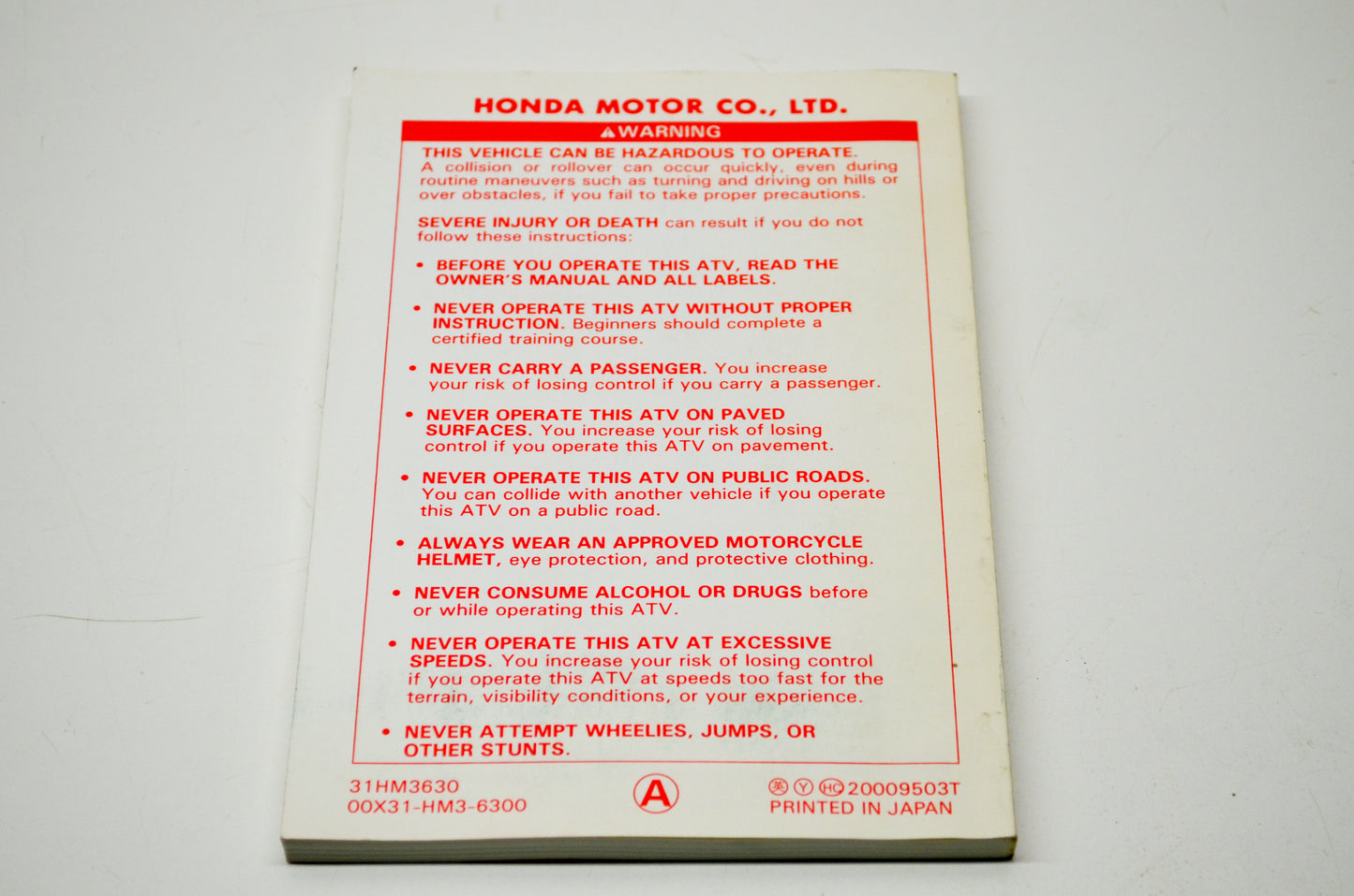 New OEM Honda 96 TRX300EX FOURTRAX300EX Owner's Manual NOS