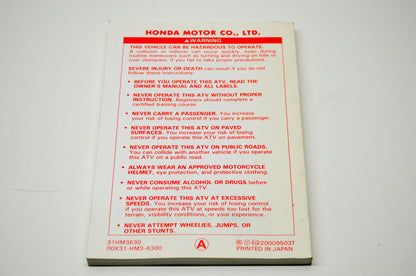 New OEM Honda 96 TRX300EX FOURTRAX300EX Owner's Manual NOS