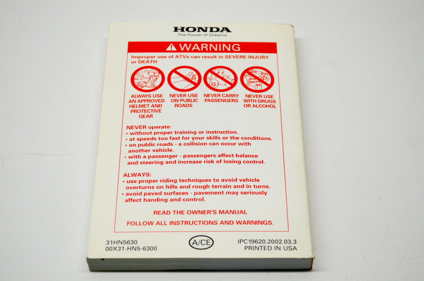 New OEM Honda 03 TRX350FM FOURTRAX 350 4x4 Owner's Manual NOS
