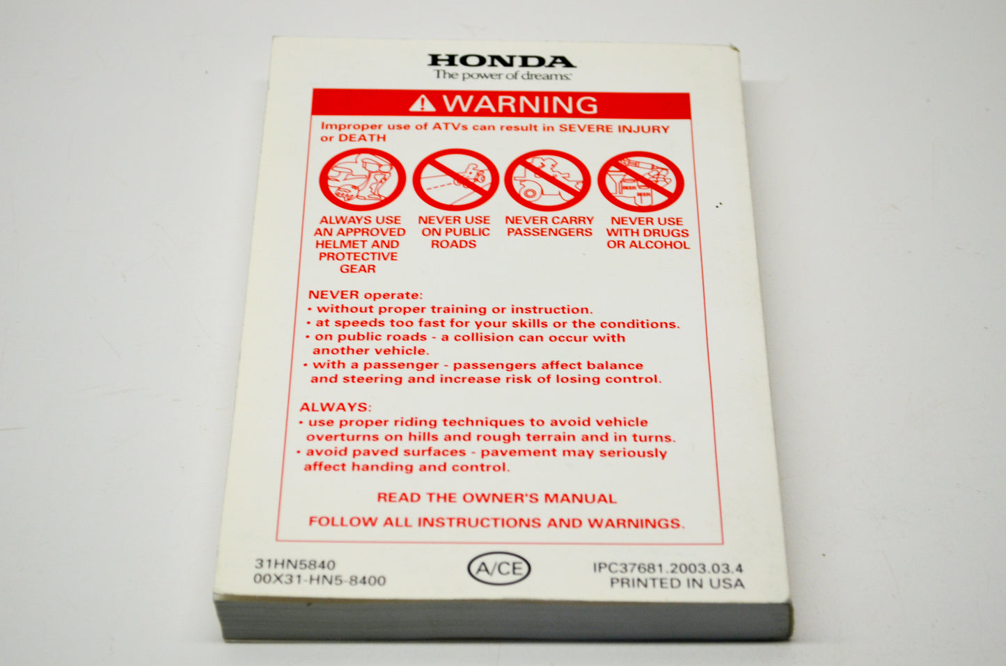 New OEM Honda 04 TRX350FE FOURTRAX 350 4x4ES Owner's Manual NOS