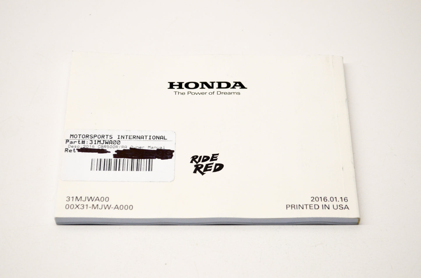New OEM Honda 31MJWA00, 00X31-MJW-A000 2016 CBR500R/RA Owner's Manual NOS
