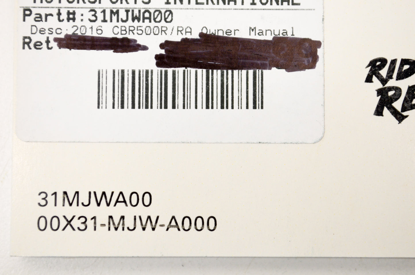 New OEM Honda 31MJWA00, 00X31-MJW-A000 2016 CBR500R/RA Owner's Manual NOS