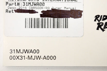 New OEM Honda 31MJWA00, 00X31-MJW-A000 2016 CBR500R/RA Owner's Manual NOS