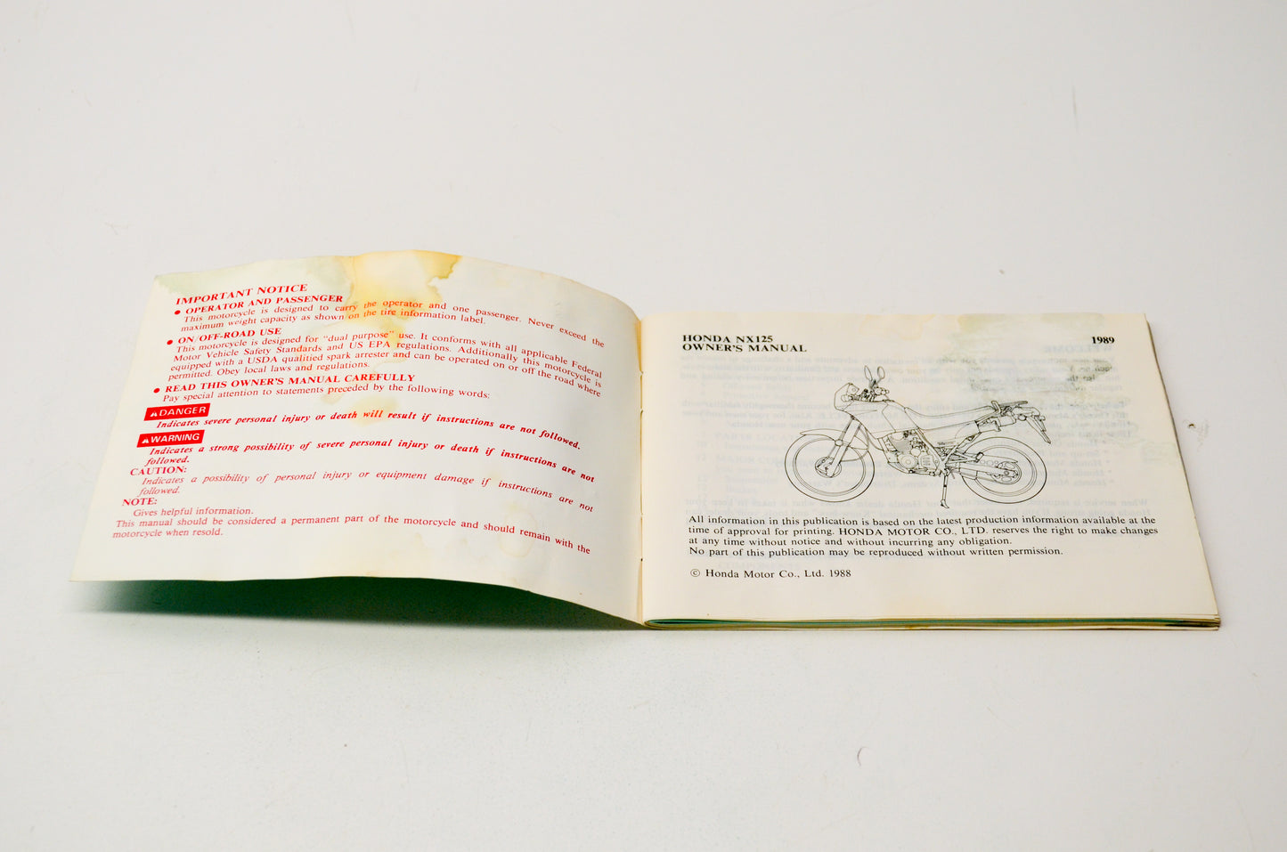 OEM Honda 31KY7610 1989 NX125 Owner's Manual