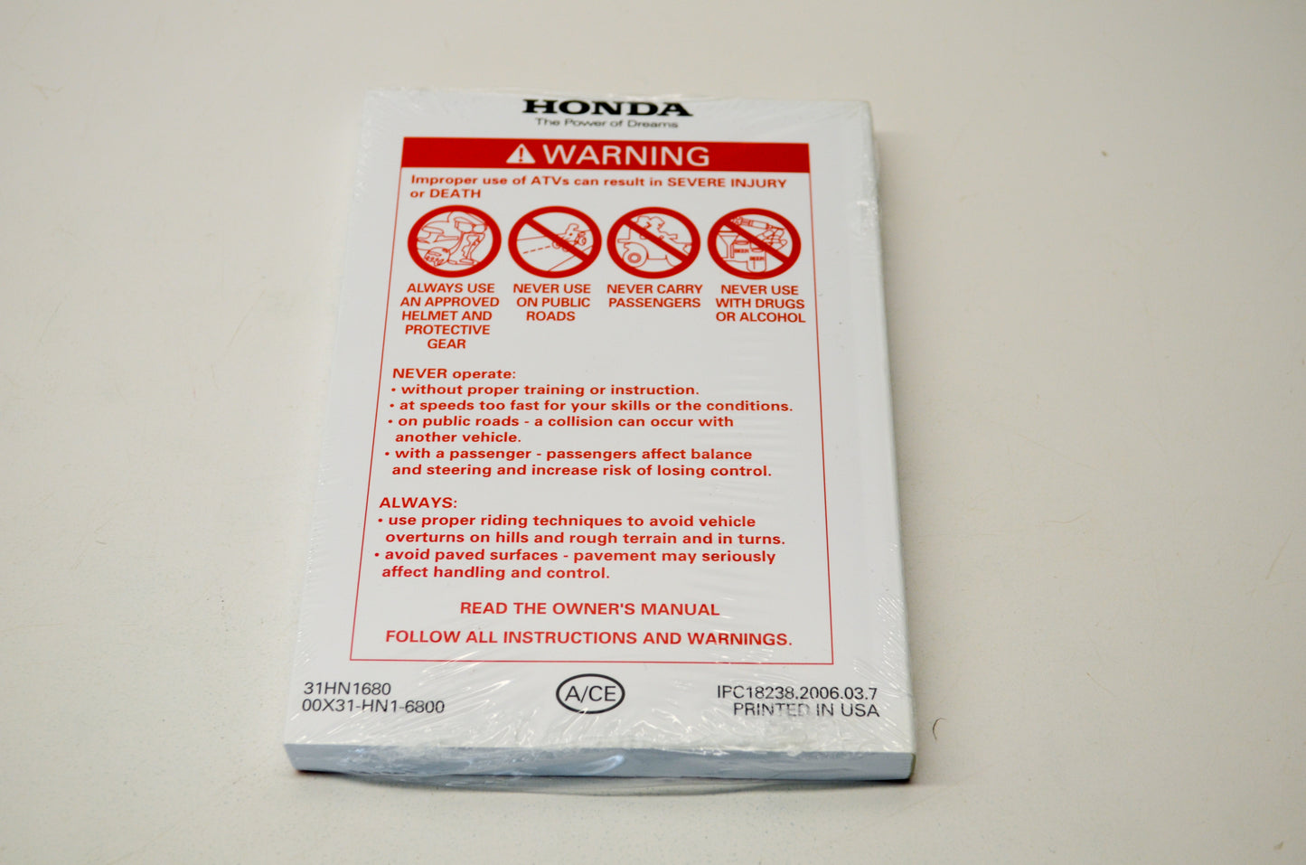 New OEM Honda 31HN1680 2007 TRX400EX Sportrax 400EX Owner's Manual NOS