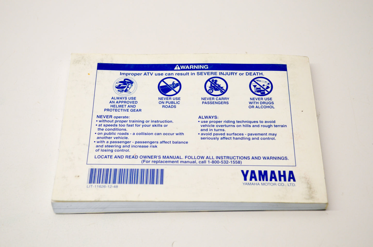 New OEM Yamaha LIT-11626-12-48 4x4 Bigbear YFM350FWBL(C) Owner's Manual NOS