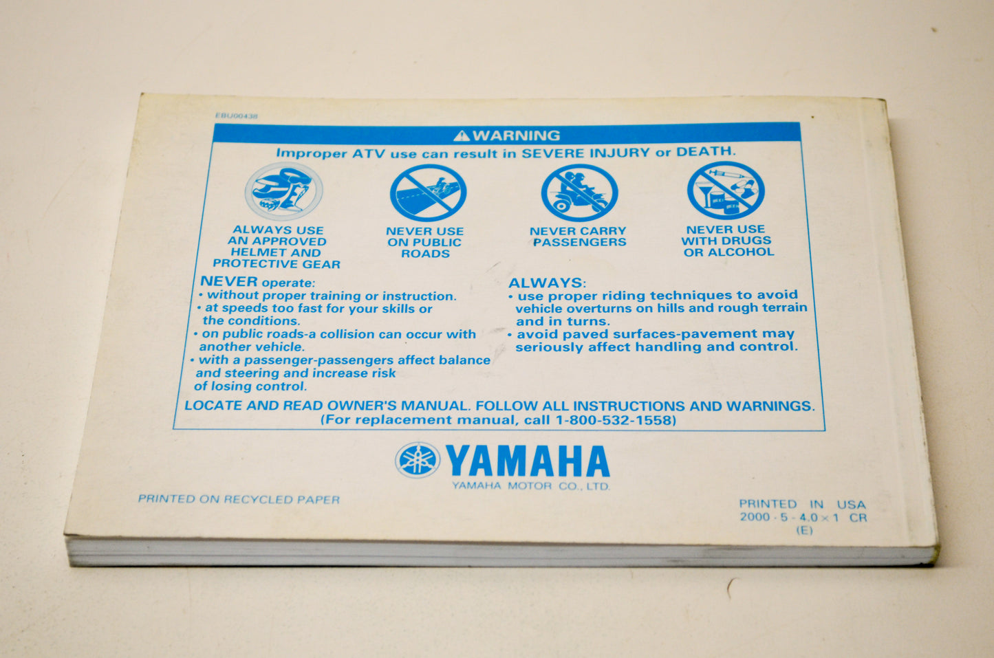 New OEM Yamaha BearTracker YFM250XN Owner's Manual NOS